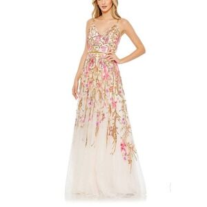 Mac Duggal V Neck Floral Embellished Spaghetti Strap Gown Size 2 NWT